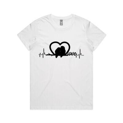 Love Birds on a Heart Pulse with Love Script on women's Tee Thumbnail